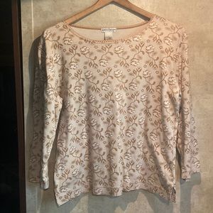 Rebecca Malone ladies L blouse. Cream with tan cotton flower pattern.